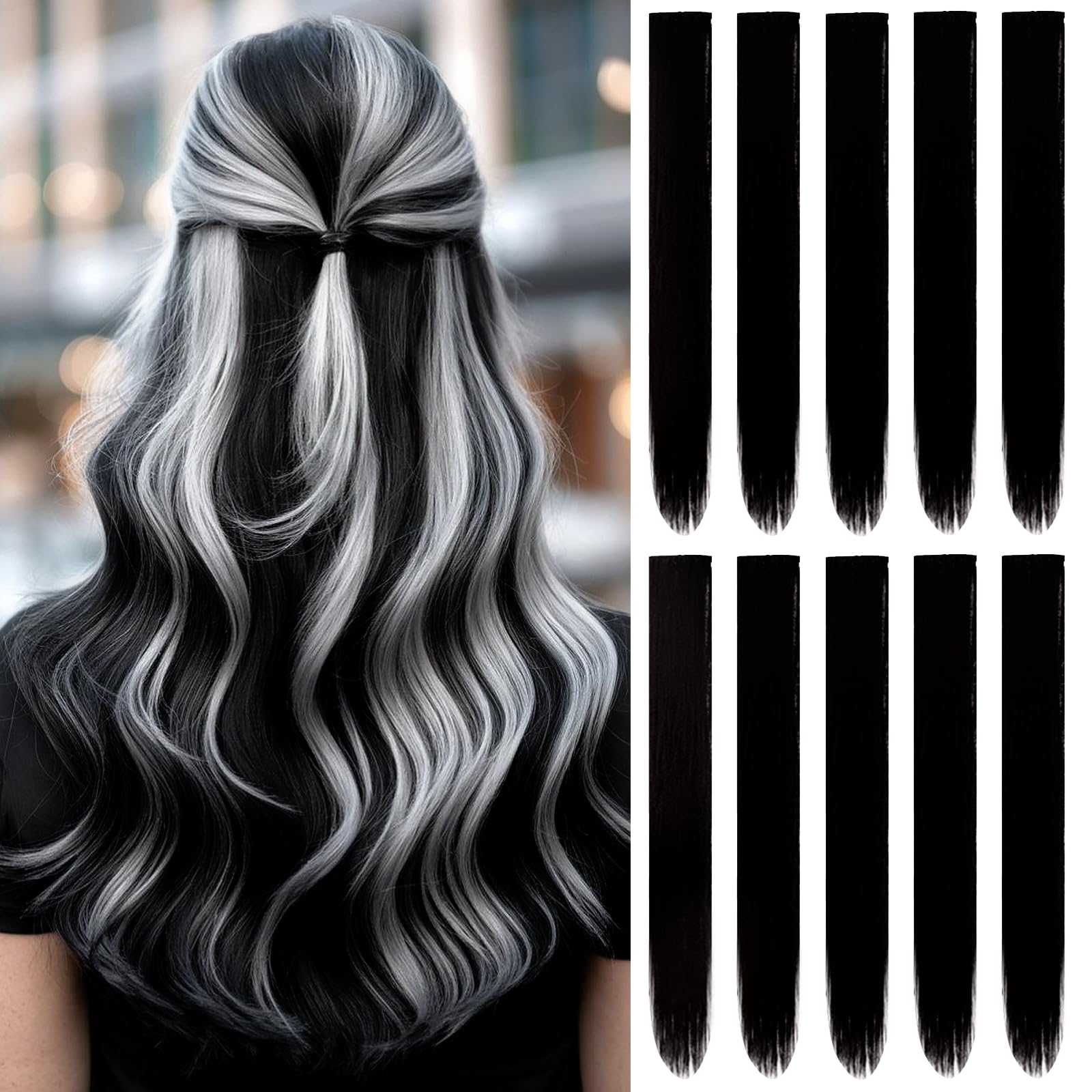 22 inch Colored Hair Extensions,Colorful Clip in Long Straight Synthetic Hair Extensions,Color Party Highlights Hairpieces for Women Girls Cosplay Styling(10 PCS Black)