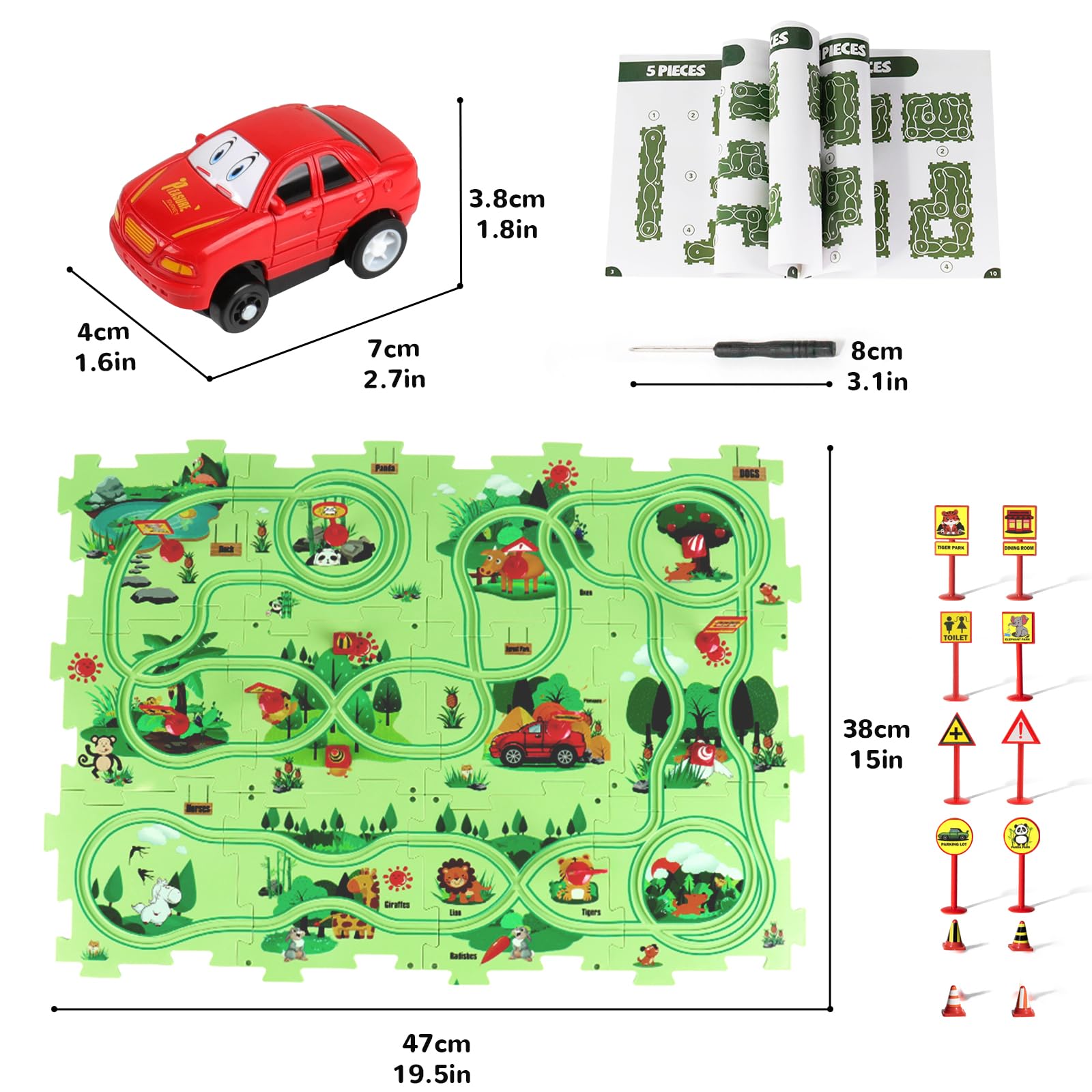 Puzzle Track Car Play Set with 12 Dinosaur Figures, Plastic Railcar Floor Puzzles for Kids Ages 3-5 with Vehicles, Toys Gifts for 3 4 5 6 Year Old Boys
