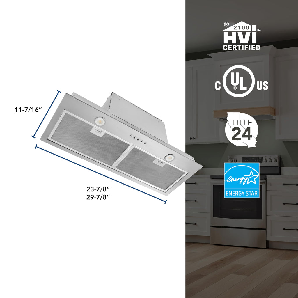 Broan Nu-Tone Broan-NuTone BBN1243SS Custom Built Insert with 2-Speed Exhaust Fan and Light, 300 Max Blower CFM, Stainless Steel, 24-Inch Range Hood Power Pack