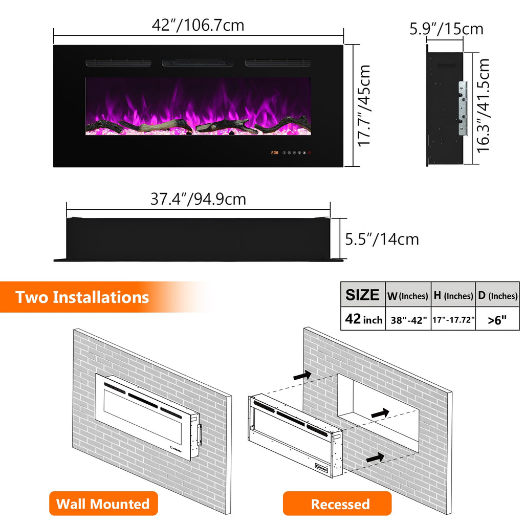 Electric Fireplace 30 inch Wide, Wall Mounted Fireplace Inserts Electric Heater, 13 * 13 Flame Effects Like Real Flame, Low Noise, Timer & Thermostat Setting, 750W/1500W, Black