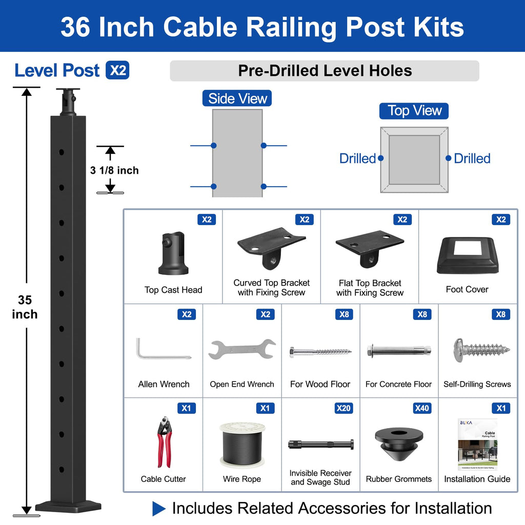 BLIKA 36" Cable Railing Corner Post, 304 Stainless Steel, 2-Side Drilled Adjustable Top Corner Post, Surface Mount Matte Black Cable Railing System Corner Post