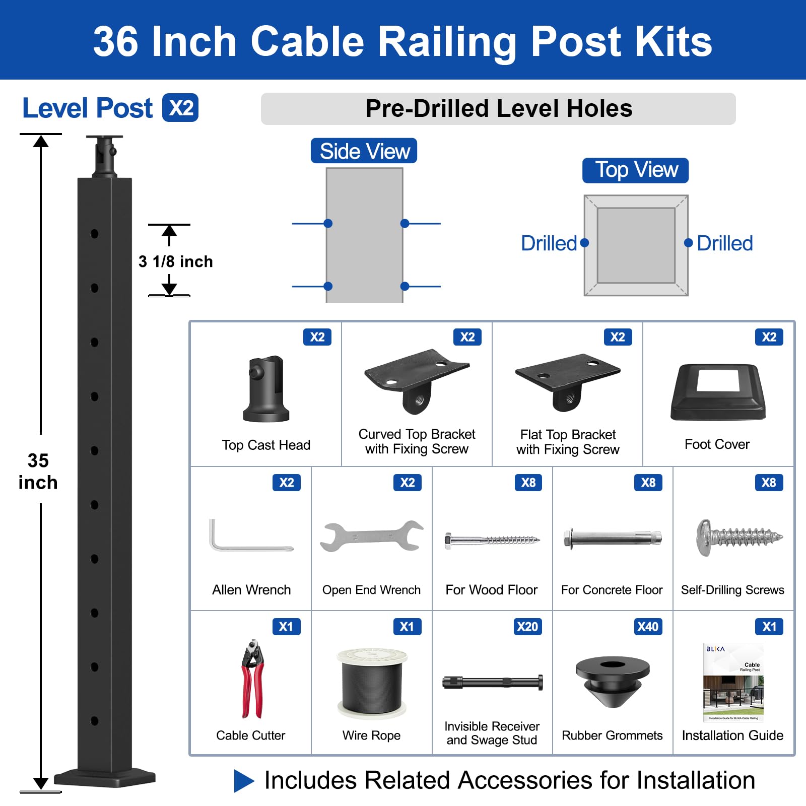 BLIKA 36" Cable Railing Corner Post, 304 Stainless Steel, 2-Side Drilled Adjustable Top Corner Post, Surface Mount Matte Black Cable Railing System Corner Post
