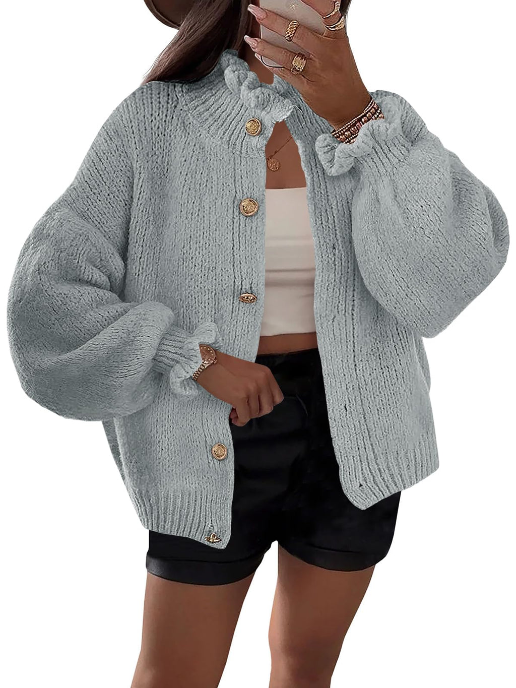 Saodimallsu Womens Ruffle Cardigan Oversized Button Up Fall Trendy Ribbed Knit Open Front Long Sleeve Loose Cute Sweater