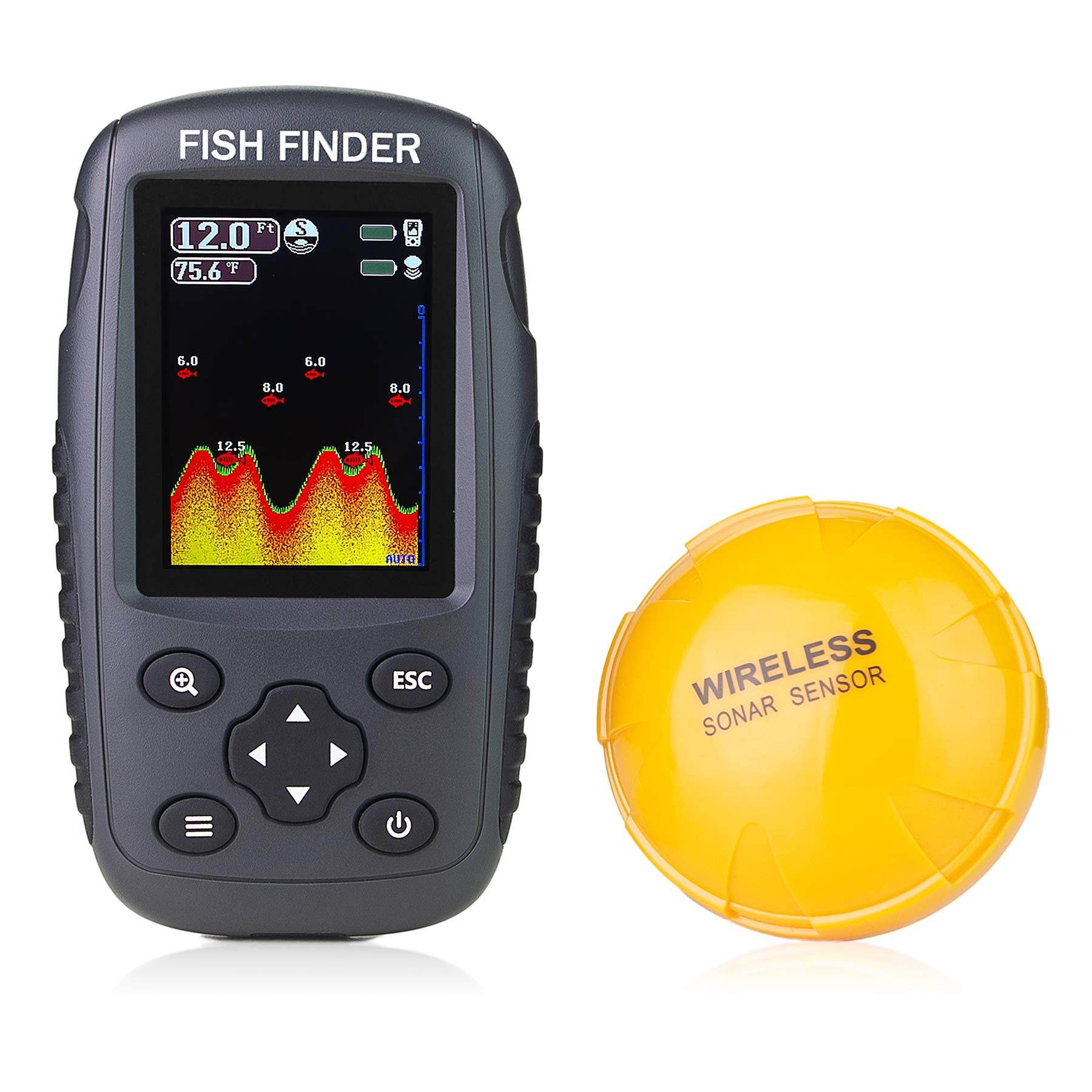 Portable Rechargeable Fish Finder Wireless Sonar Sensor Fishfinder Depth Locator with Fish Size, Bottom Contour, Color LCD Display