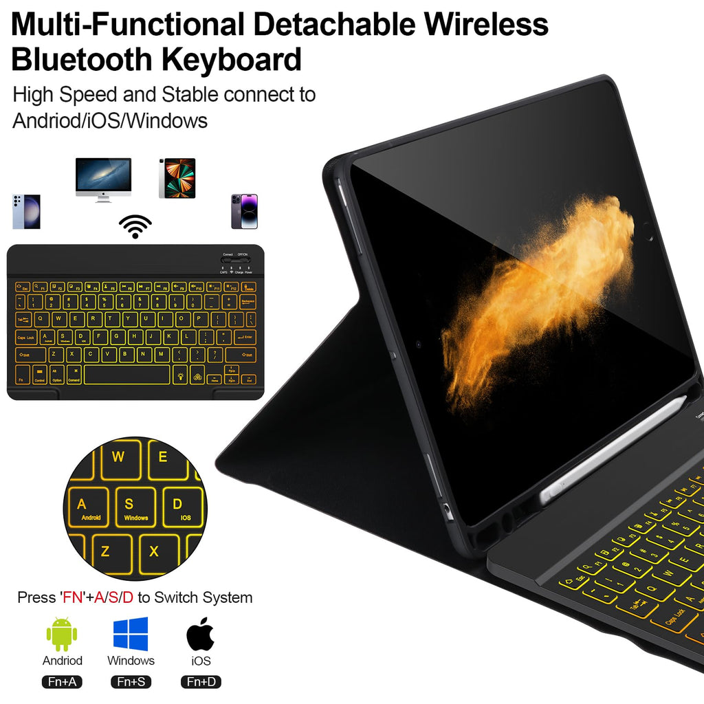 AHYWTAN Keyboard Case for iPad 9/8/7th Gen 10.2, Bluetooth Keyboard with 7 Color Backlit, iPad 10.2 inch Case with Keyboard, Pencil Holder, Black-L