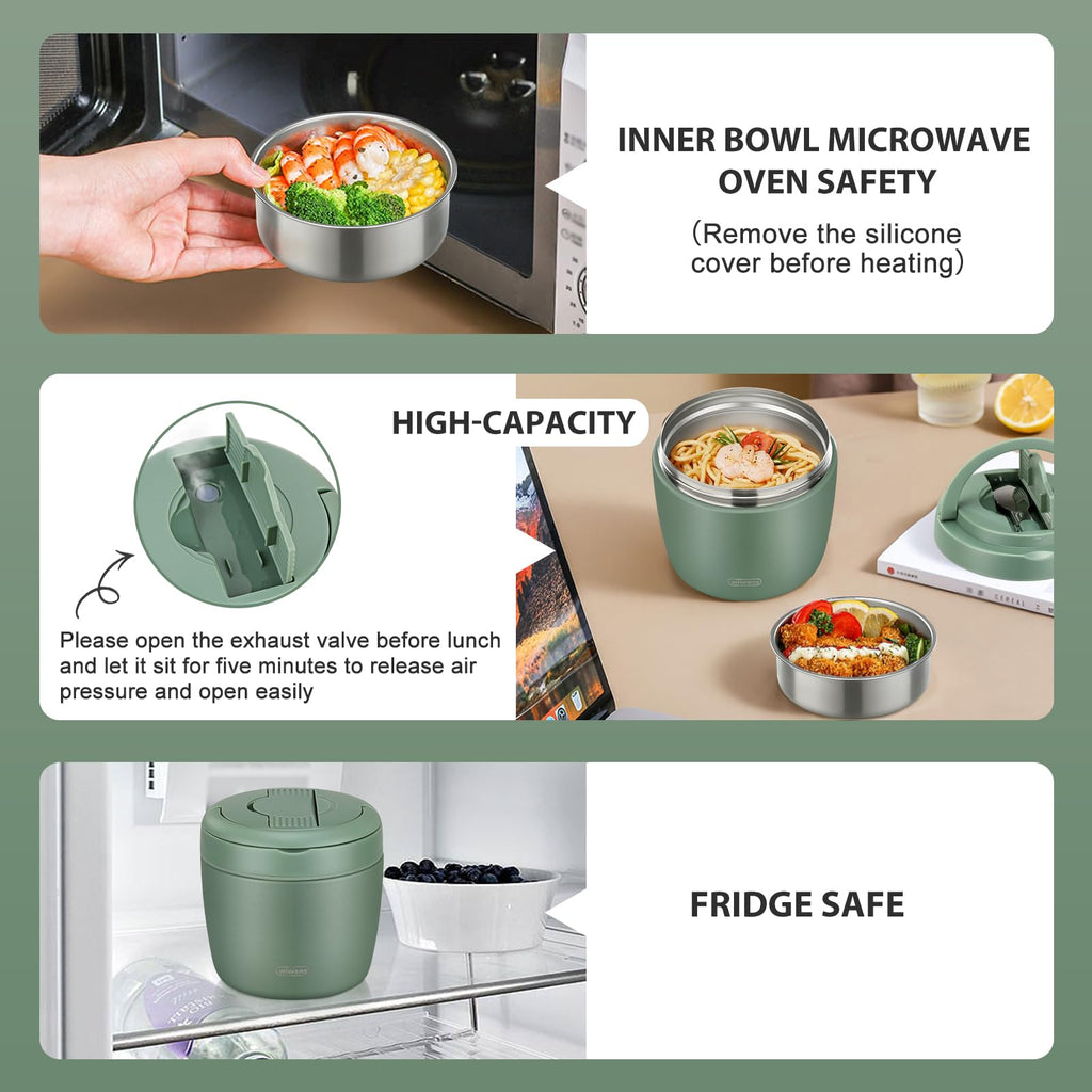 wiwens Thermo Food Jar for Hot Food Adults 32OZ Soup Thermo Lunch Containers Wide Mouth Vacuum Insulated Stainless Steel Leakproof Bento Box with Spoon (Beige)