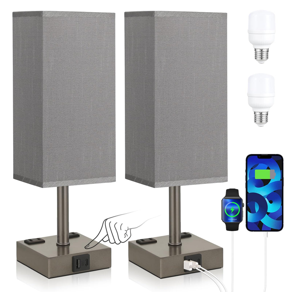 aooshine Set of 2 Touch Nightstand Lamp with USB-C+A Charge Ports& AC Outlets, 3-Way Dimmable Bedside Lamp with White Fabric Shade,Small Table Lamp for Bedroom Guest Room(Bulb Included)