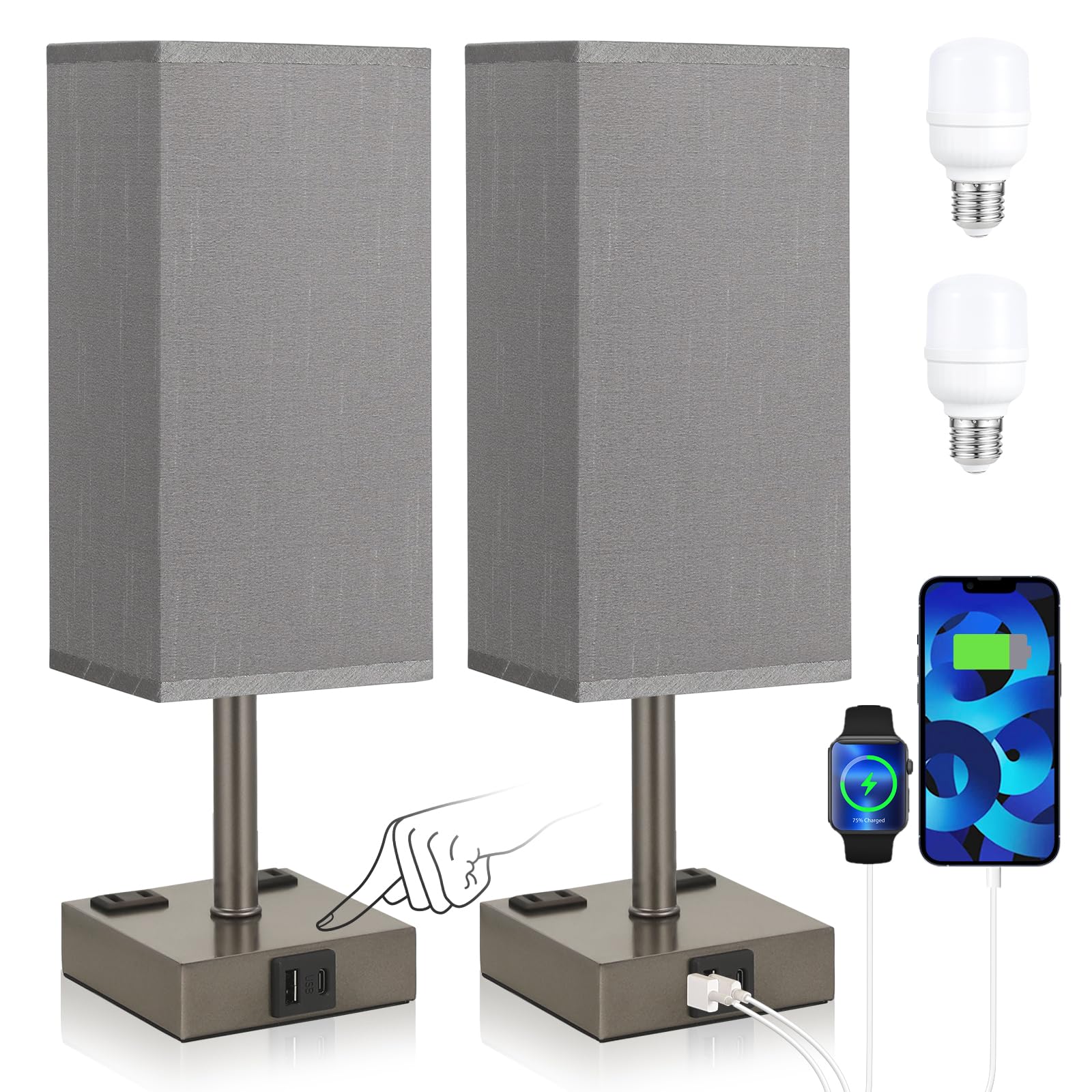 aooshine Set of 2 Touch Nightstand Lamp with USB-C+A Charge Ports& AC Outlets, 3-Way Dimmable Bedside Lamp with White Fabric Shade,Small Table Lamp for Bedroom Guest Room(Bulb Included)