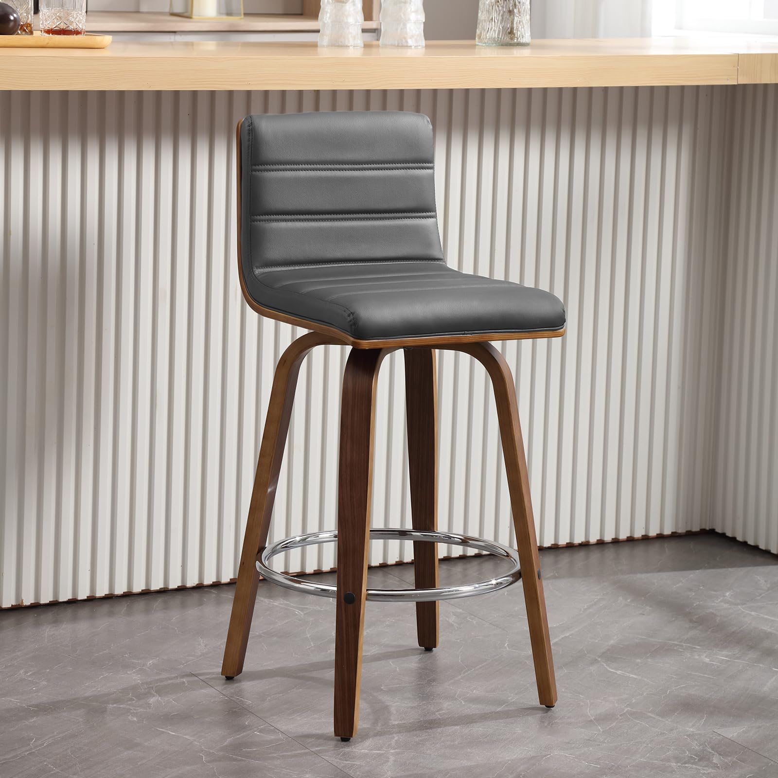 Bar Stools 29 Inch Bar Height, Swivel Bar Stools with Backs Upholstered PU Leather Barstool, L Shape Back and Padded Seat, Mid-Century Modern Bar Stool Pub Chairs for Kitchen Counter Island, Black