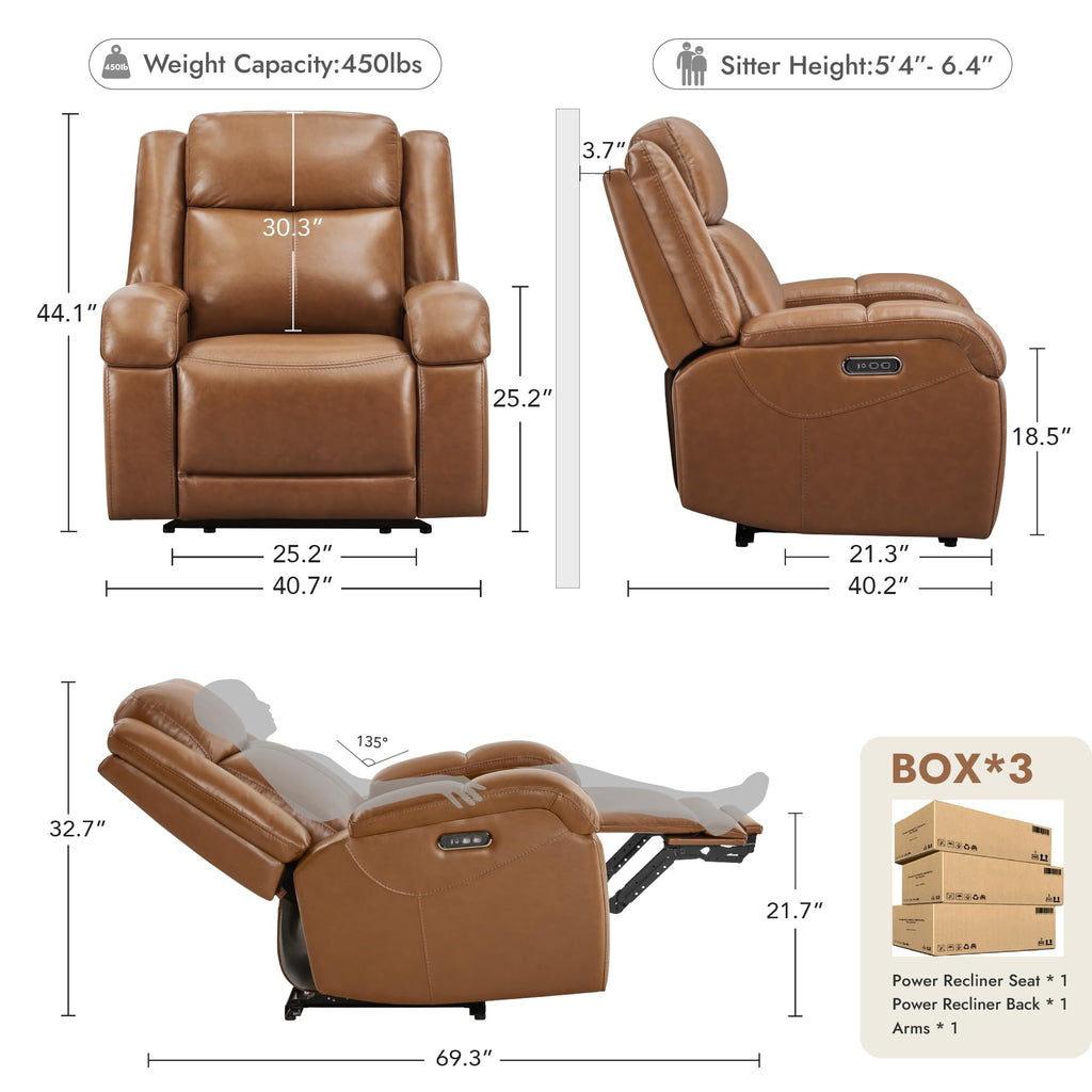 Watson & Whitely Genuine Leather Power Recliner Chairs for Adults, Wall Hugger RV Recliner with Power Headrest & Charging Ports, Electric Recliner Sofa Chair for Living Room, Black