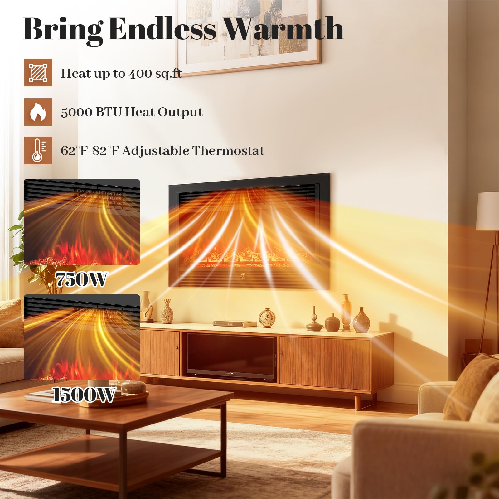 Giantex 18" Electric Fireplace Insert Heater, Wall Recessed/Mounted Fire Places Electric Fireplace with Remote, 2 Modes Heat, 9H Timer, 5 Brightness, 750/1500W Freestanding Fireplace
