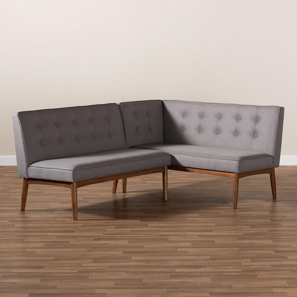 Baxton Studio Arvid Mid-Century Modern Dark Brown Faux Leather Upholstered 2-Piece Wood Dining Corner Sofa Bench