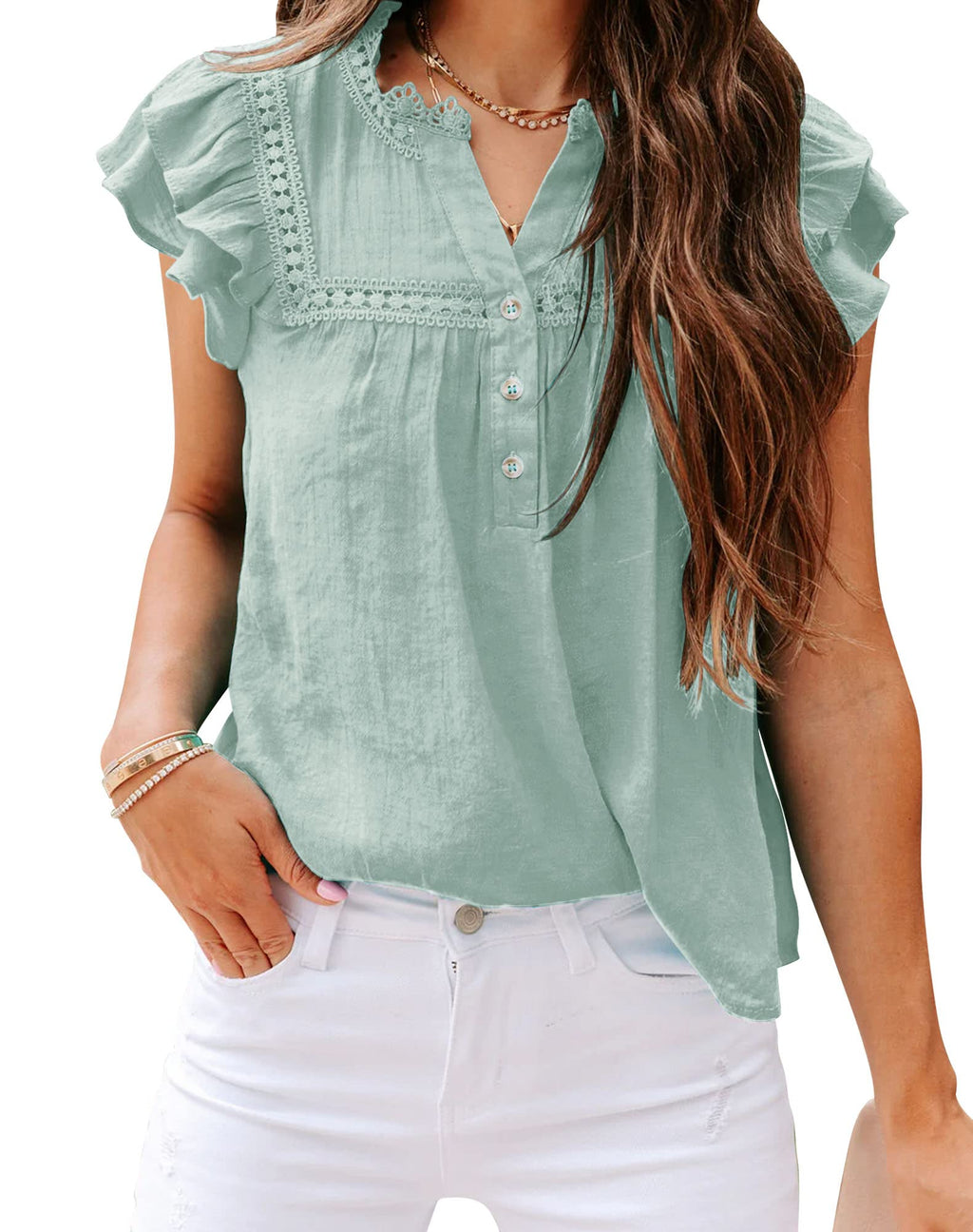 Women's V Neck Lace Crochet Shirts Button Down Short Sleeve Casual Blouse Tops
