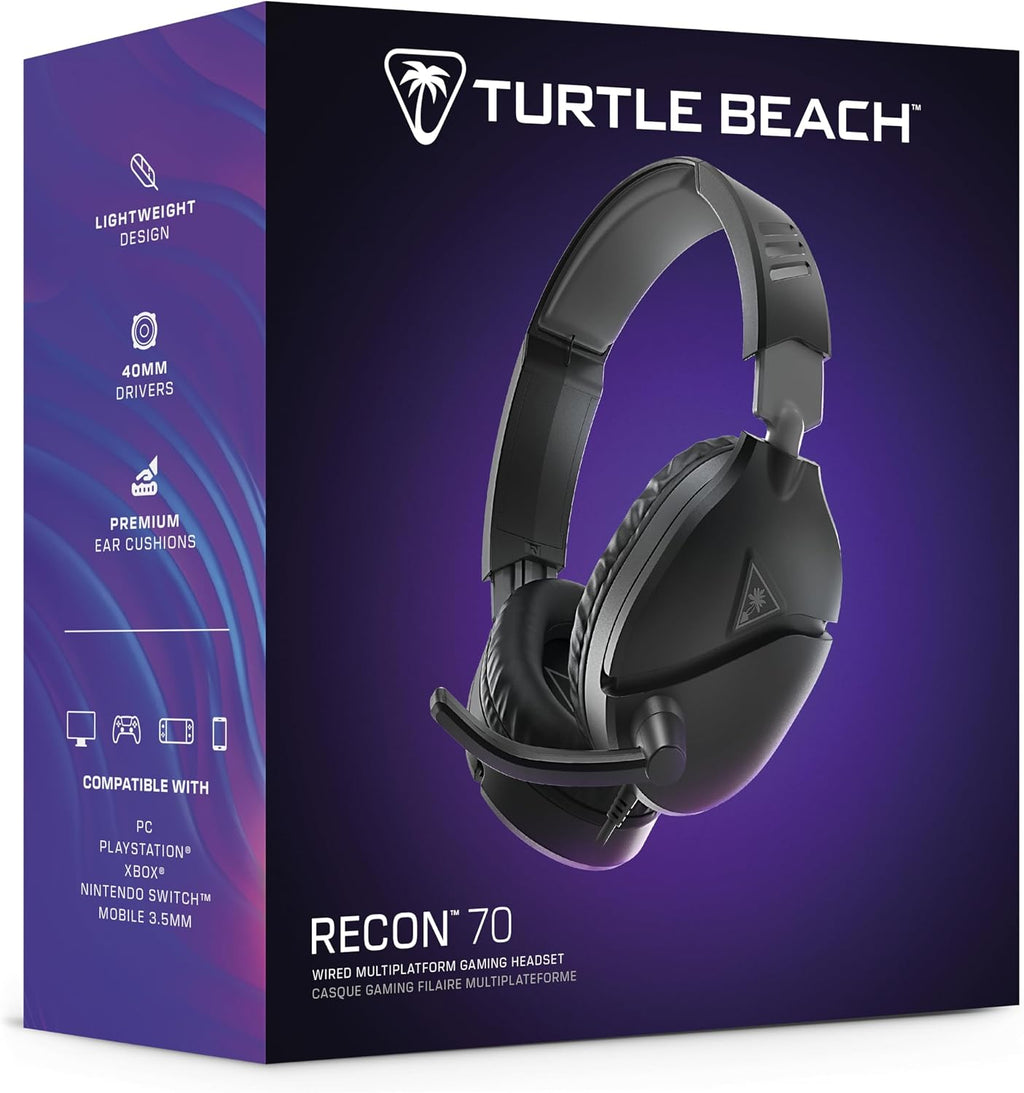 Turtle Beach Recon 70 Multiplatform Gaming Headset for PC, PS5, PS4, Xbox Series X|S, Xbox One, & Mobile w/ 3.5mm Wired Connection - Flip-to-Mute Mic, 40mm Speakers, Lightweight Design, Black