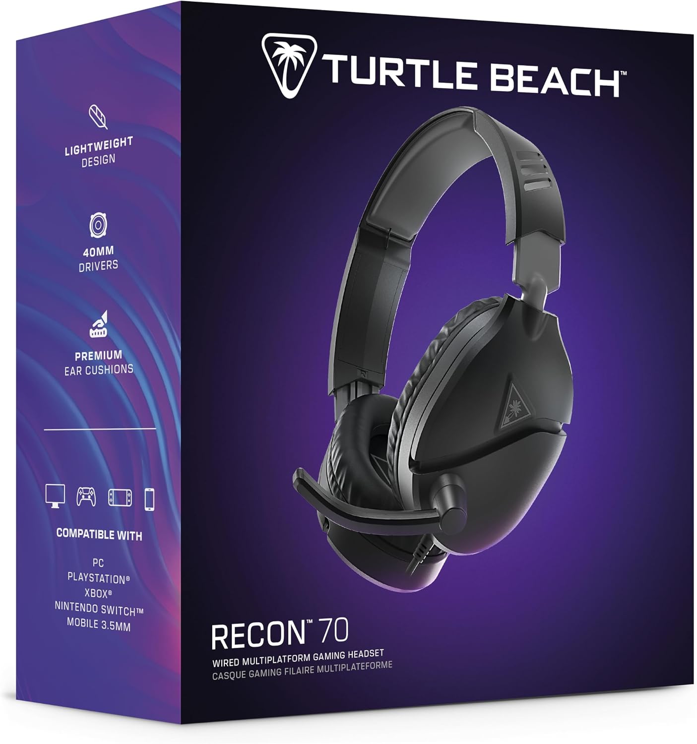 Turtle Beach Recon 70 Multiplatform Gaming Headset for PC, PS5, PS4, Xbox Series X|S, Xbox One, & Mobile w/ 3.5mm Wired Connection - Flip-to-Mute Mic, 40mm Speakers, Lightweight Design, Black