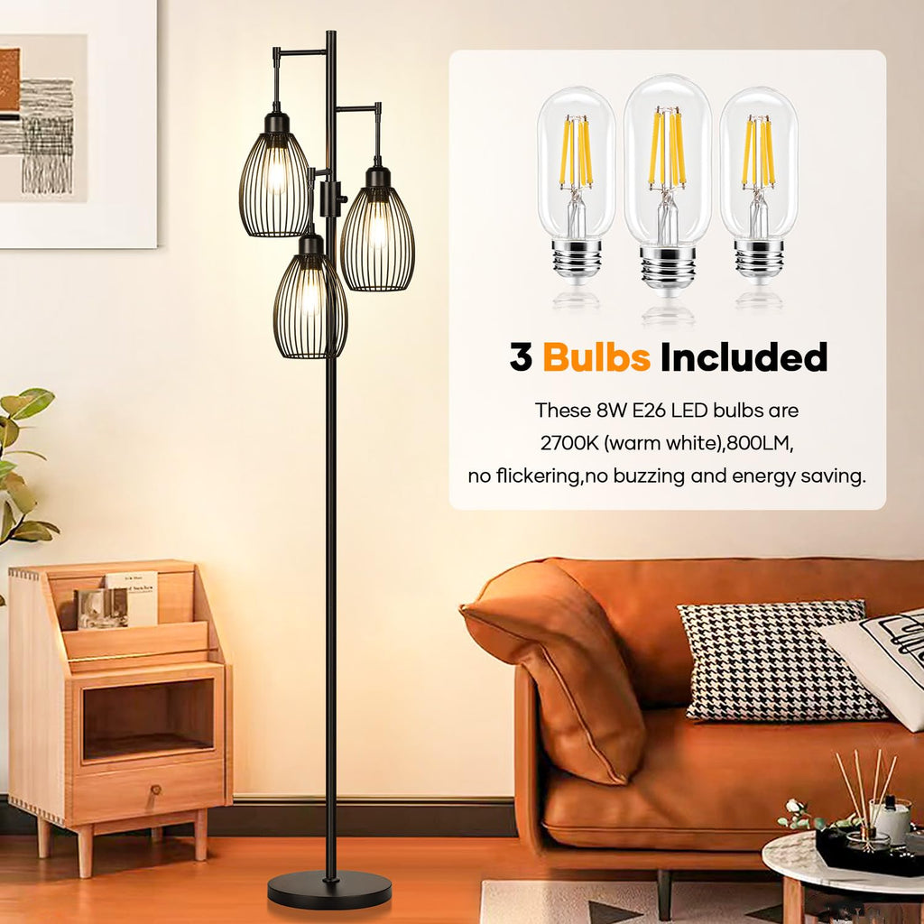 Dimmable Floor Lamp, 3 x 800LM LED Edison Bulbs Included, Farmhouse Industrial Floor Lamp Standing Tree Lamp with Elegant Teardrop Cage Tall Lamps for Living Room Bedroom Office Dining Room-Brass