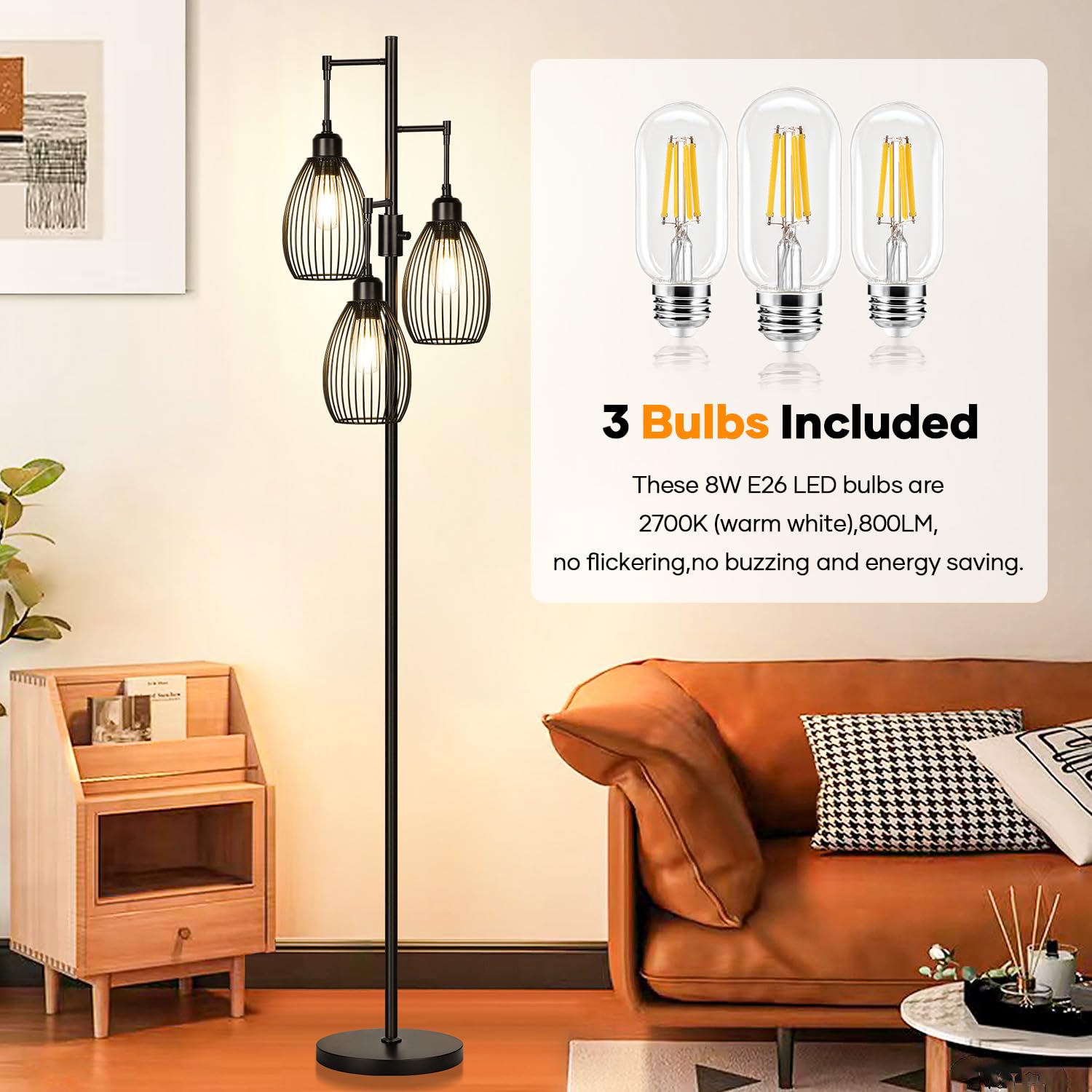 Dimmable Floor Lamp, 3 x 800LM LED Edison Bulbs Included, Farmhouse Industrial Floor Lamp Standing Tree Lamp with Elegant Teardrop Cage Tall Lamps for Living Room Bedroom Office Dining Room-Brass
