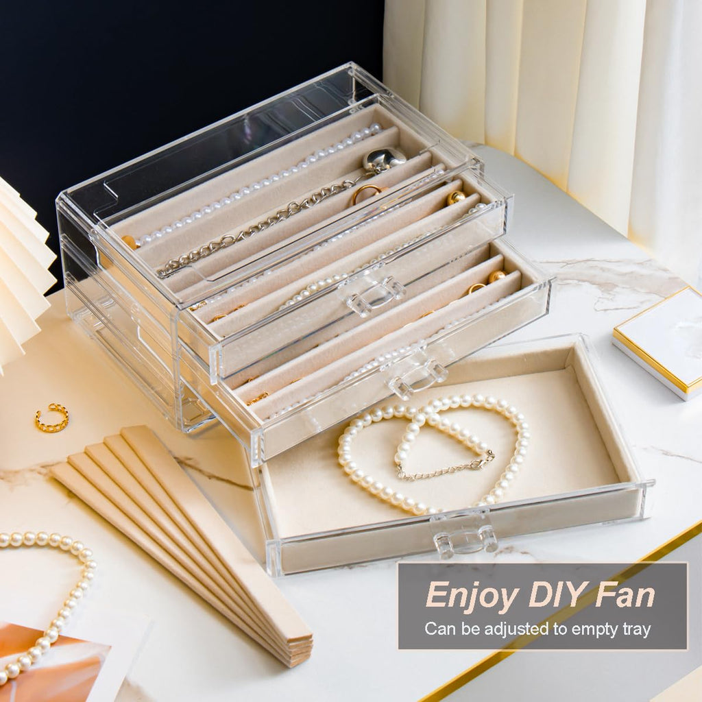 YUFONG Necklace Holder Organizer, Dustproof Necklace Box Velvet Necklace Organizer Box with Lid Clear Acrylic Dustproof Stackable Jewelry Displays for Necklaces Chain Display (Beige, 3 Drawer)
