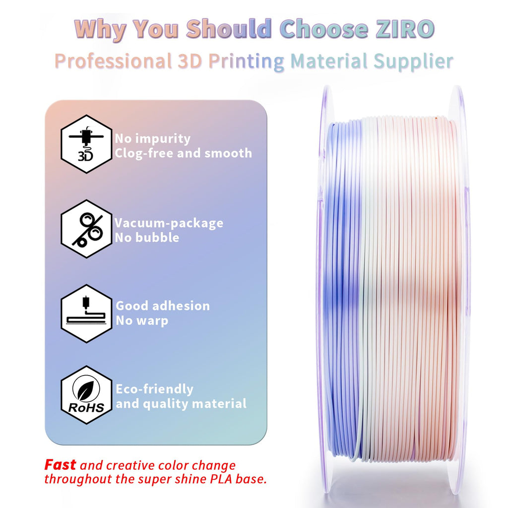 ZIRO Fast Color Change PLA, 1.75mm Color Gradient Filament, Glossy Rainbow PLA Filaments, Fit Most 3D Printer Pen, Shiny Surface 1KG/2.2lbs Spool, Aqua Sky (Silk)