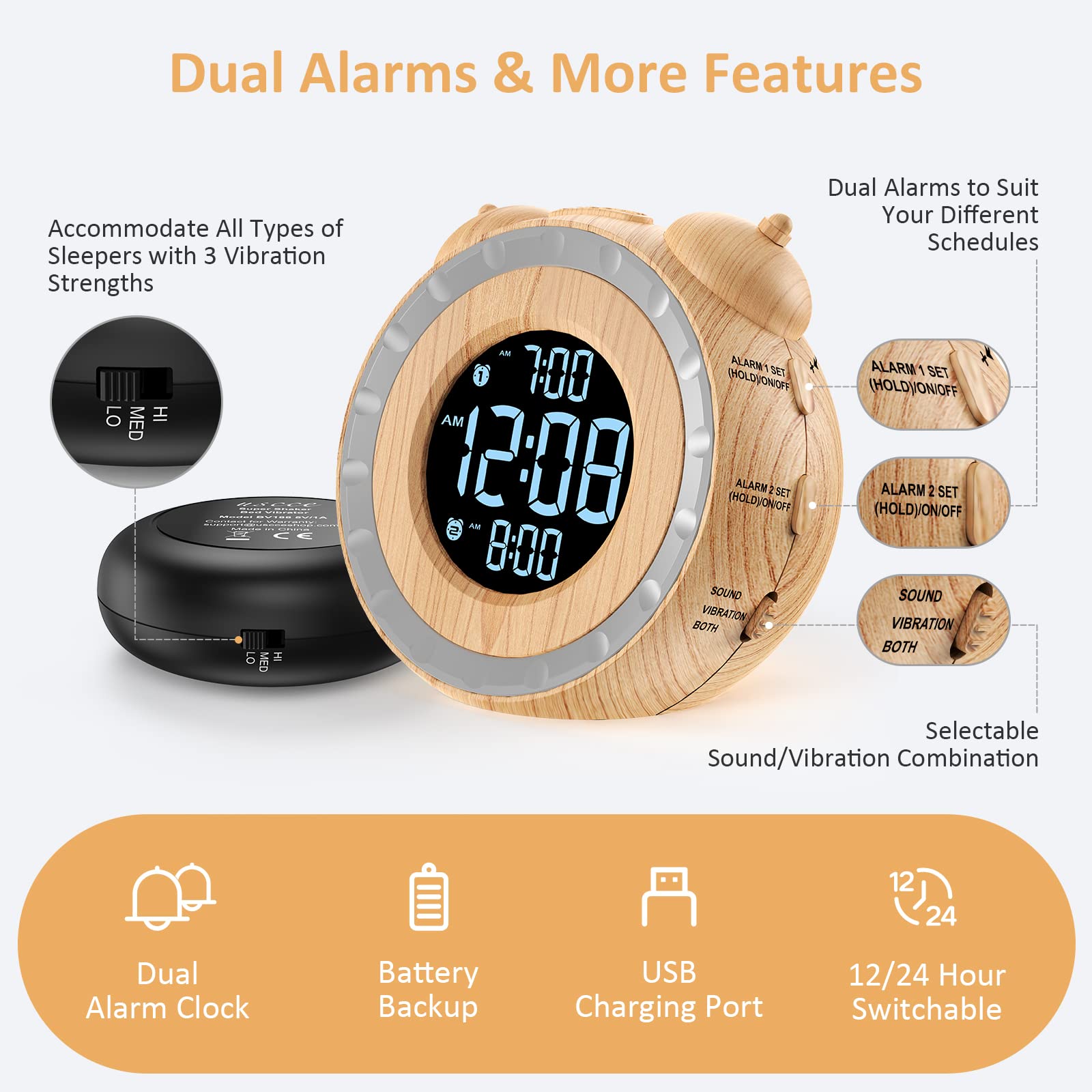 uscce Loud Dual Alarm Clock with Bed Shaker - 0-100% Dimmer, Vibrating Alarm Clock for Heavy Sleepers or Hearing Impaired, Easy to Set, USB Charging Port, Snooze, Battery Backup