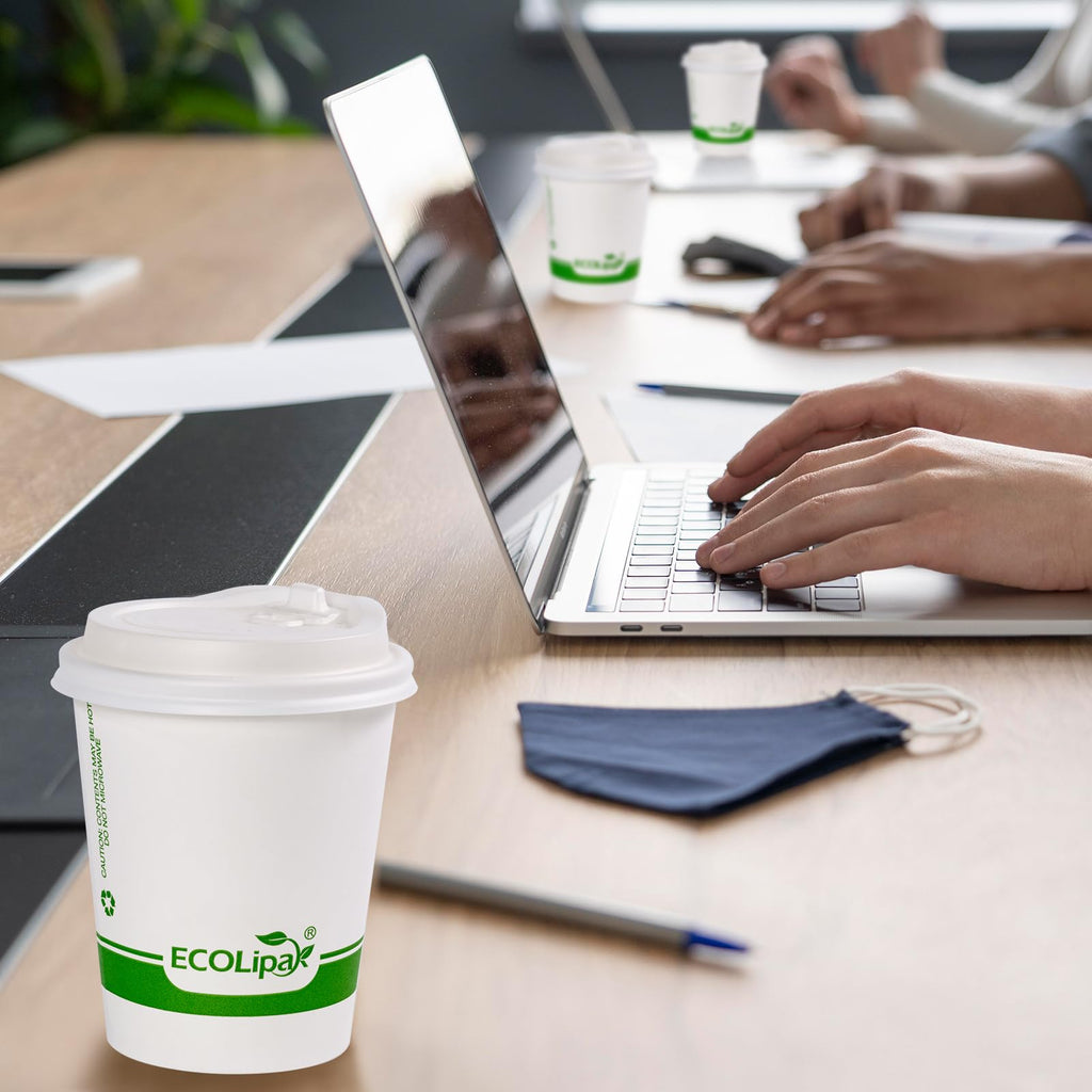 ECOLipak 100 Count 12 oz Compostable Paper Coffee Cups, Biodegradable Disposable Coffee Cups with CPLA Lid, Eco-friendly Hot Drinking Cups for Party, Picnic, Travel, and Events