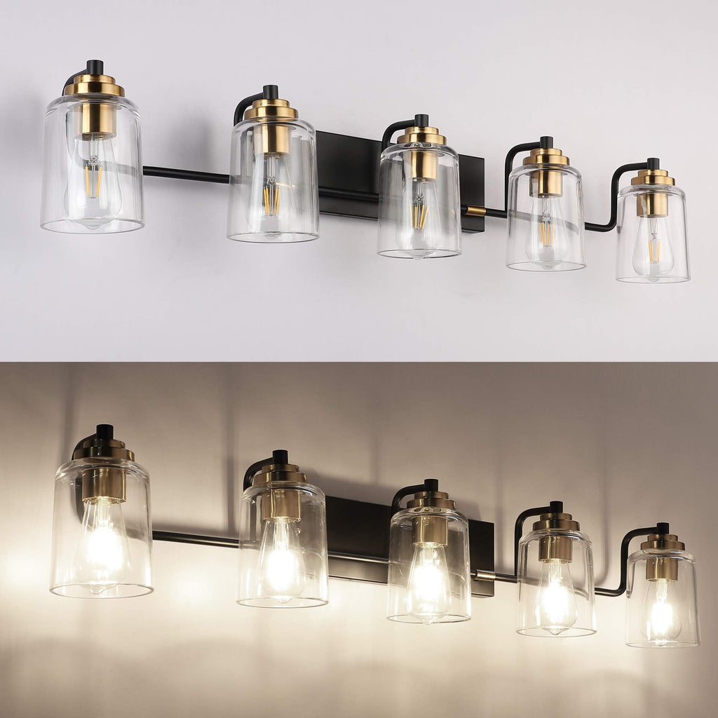 SOLFART 20.1 Inch Black Vintage Bathroom Vanity Light Fixtures Fixtures with Modern Glass Globe Shade Metal Brass Wall Lamp 2 Lights