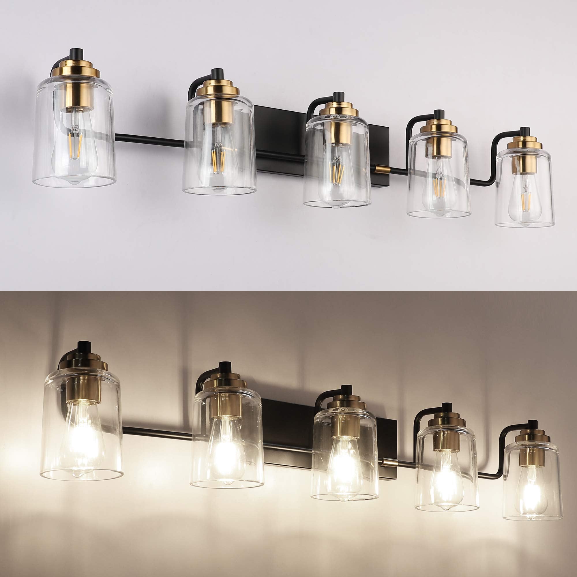 SOLFART 20.1 Inch Black Vintage Bathroom Vanity Light Fixtures Fixtures with Modern Glass Globe Shade Metal Brass Wall Lamp 2 Lights