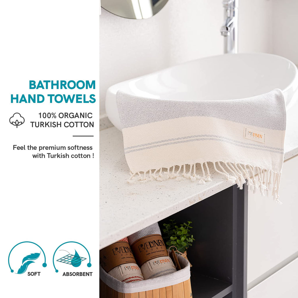 Evelynen Turkish Hand Towels for Bathroom & Kitchen Towels Decorative Set of 2 | Boho Farmhouse Hand Towels with Hanging Loops for Face, Tea, Dish, Kitchen & Bath | %100 Cotton (16" x 32" - Beige)