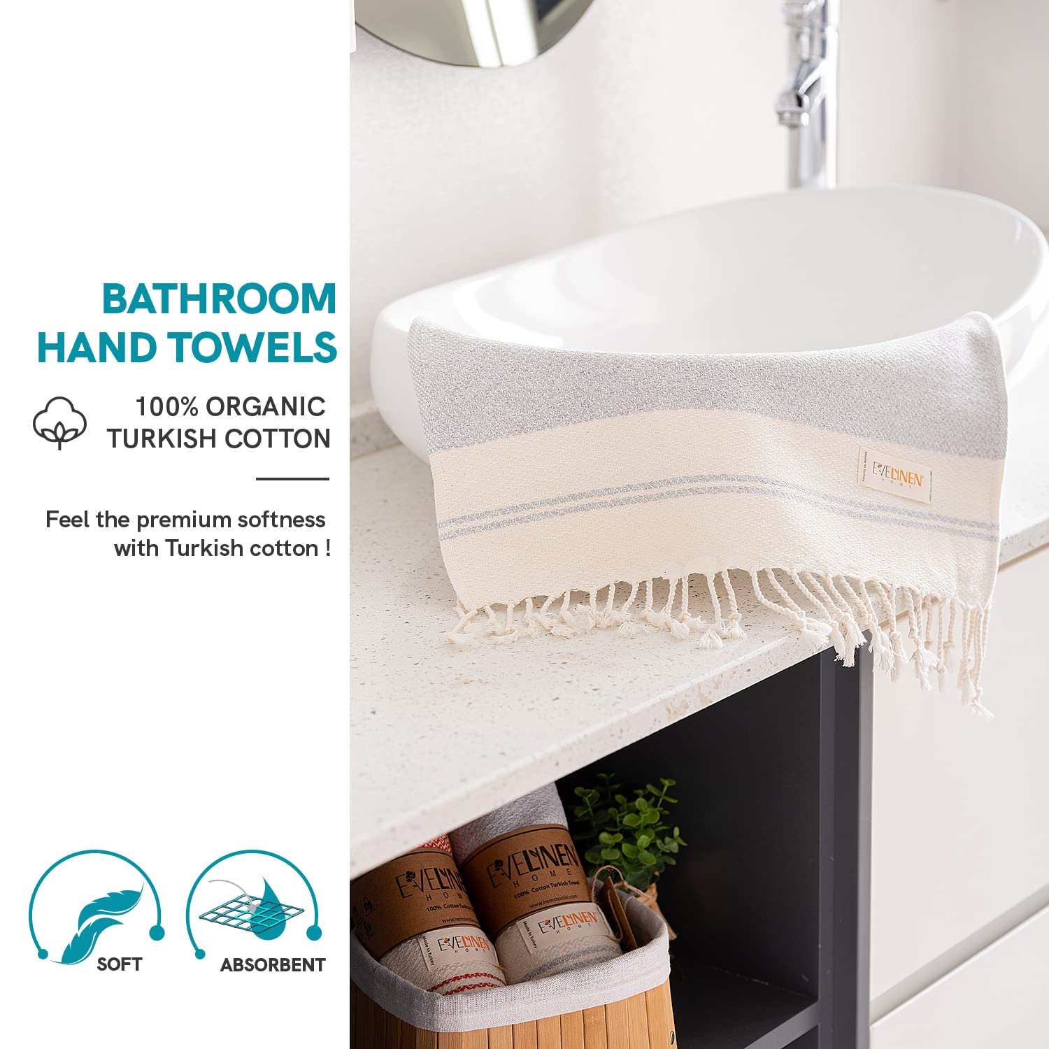 Evelynen Turkish Hand Towels for Bathroom & Kitchen Towels Decorative Set of 2 | Boho Farmhouse Hand Towels with Hanging Loops for Face, Tea, Dish, Kitchen & Bath | %100 Cotton (16" x 32" - Beige)