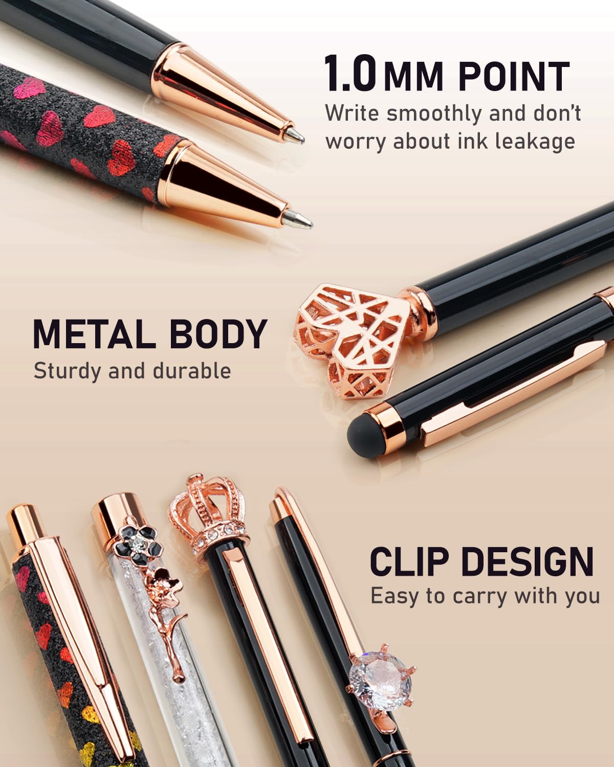 WEMATE 8Pcs Ballpoint Pens Set Metal Crystal Diamond Pen Glitter for Journaling Black Pen Bling in Black & Blue Ink Pretty Cute Pens Fancy Pens Gifts for Women Wedding School Office Desk(Black)