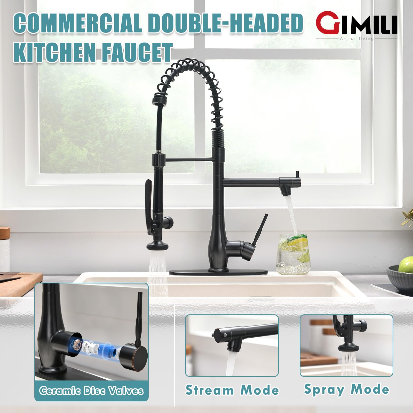 GIMILI Black and Gold Kitchen Faucet with Pull Down Sprayer Single Handle High Pressure Kitchen Sink Faucet Commercial Double-Headed Stainless Steel Kitchen Faucets