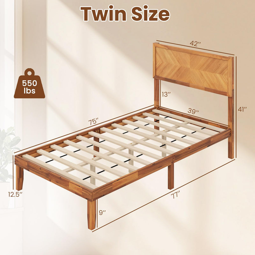 Giantex Wood Twin Bed Frames with Headboard, Solid Acacia Wood Platform Bed with 12 Strong Wooden Slat Support, Scandinavian Style Art Deco Twin Size Bed Frame, No Box Spring Needed, Rustic Brown