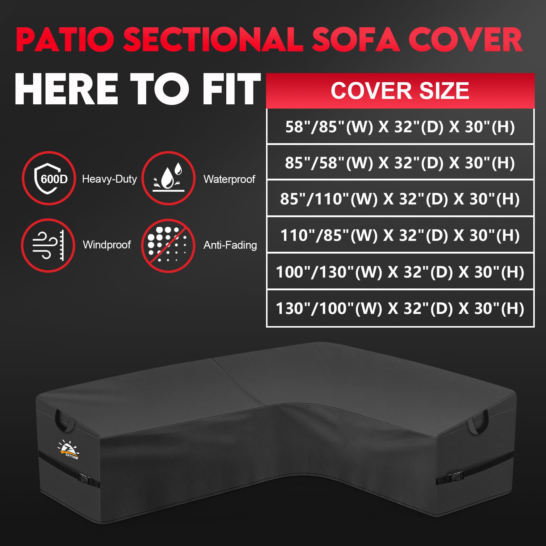 Zettum Outdoor L-Shaped Sectional Cover - 600D Patio Sectional Sofa Cover, Waterproof Patio Furniture Covers for 4-Seater Outdoor Sectional Sofa and Couch, Left Facing, 58x85 Inch Wide