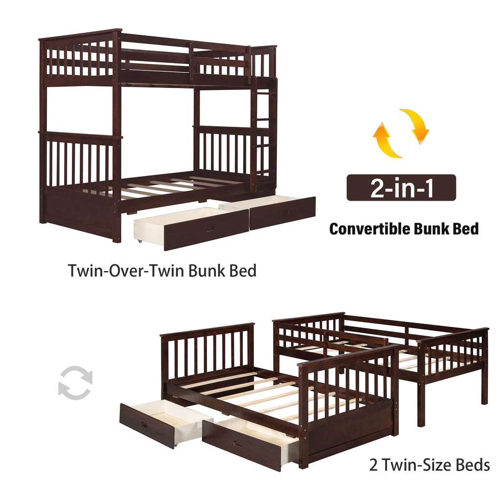 Merax Wood Bunk Bed with Two Drawers,Convertible Wood Bunk Bed with Ladders and Two Storage Drawers,Solid Wood Detachable Bed Frame with Ladders, Twin Over Full Size, Espresso