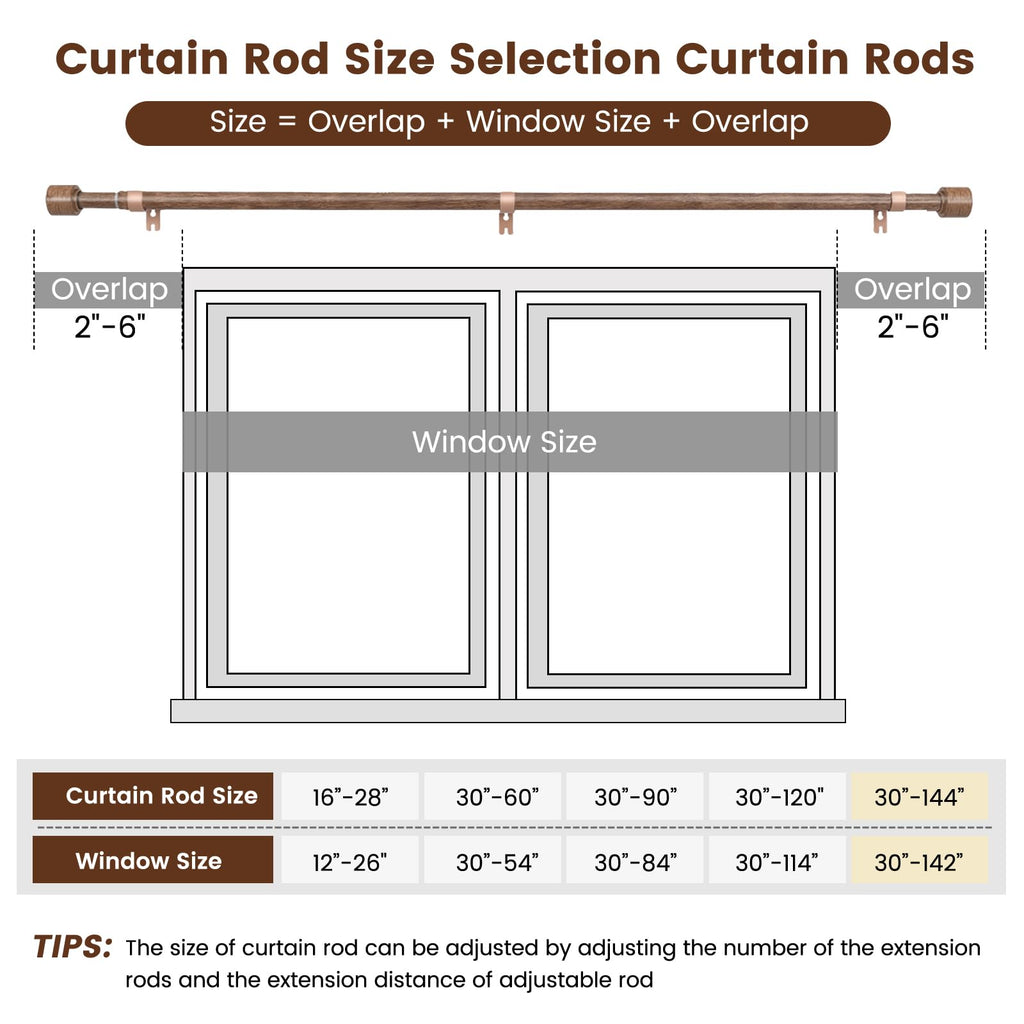 1” Diameter brown curtain rod Itself is 30 to 60 inch. 1 Pack Fits 30-54 inch Windows with Heavy Duty Adjustable brown curtain rods Splicing Metal Extra Long Curtain Rod