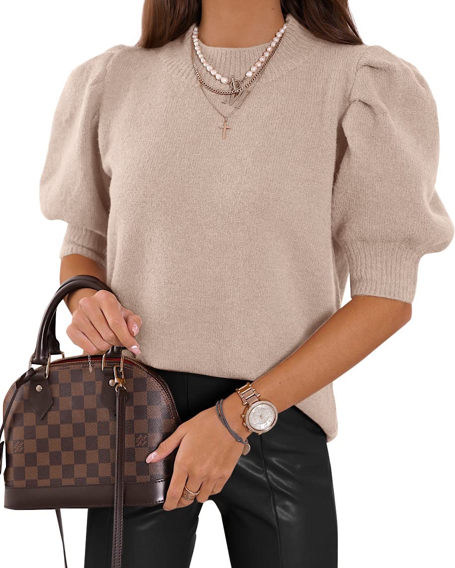 Women's Puff Short Sleeve Sweater Tops 2025 Summer Fall Trendy Knit Crew Neck Casual T Shirts Blouses