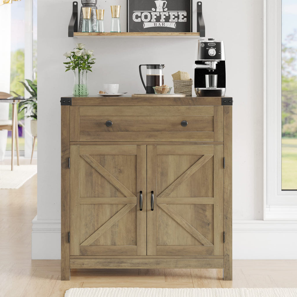 HOSTACK Coffee Bar Cabinet, Kitchen Storage Cabinet, Modern Farmhouse Buffet Sideboard with Drawer and Adjustable Shelf, Barn Door Accent Cabinets for Kitchen, Dining Room, Entryway, Ash Grey