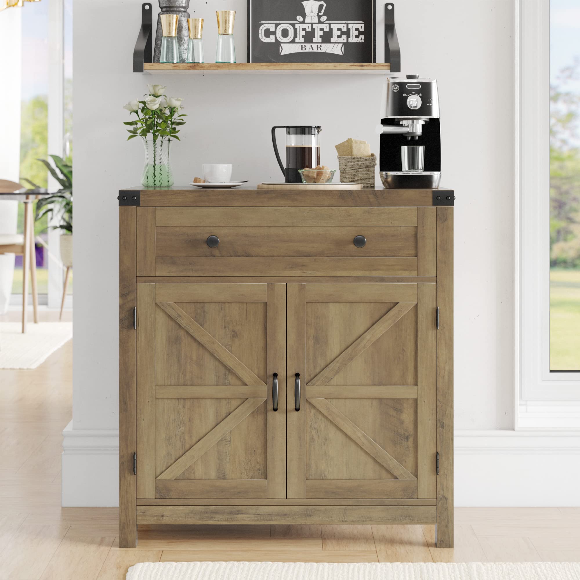HOSTACK Coffee Bar Cabinet, Kitchen Storage Cabinet, Modern Farmhouse Buffet Sideboard with Drawer and Adjustable Shelf, Barn Door Accent Cabinets for Kitchen, Dining Room, Entryway, Ash Grey