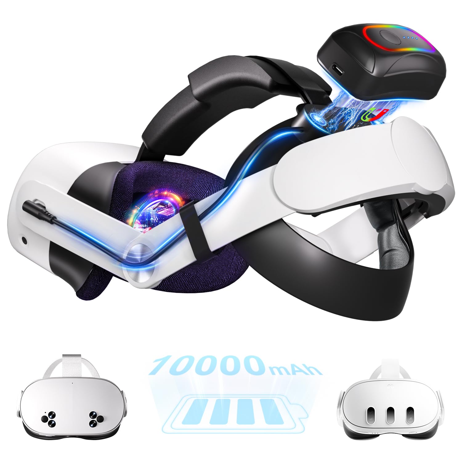 10000mAh Battery Head Strap for Meta Quest 3/3S - Elite Strap with Battery Pack Accessories Fast Charger to Extend Quest 3/3S 2-4H Playtime - VR Stocking Stuffers for Men - Mens Stocking Stuffers