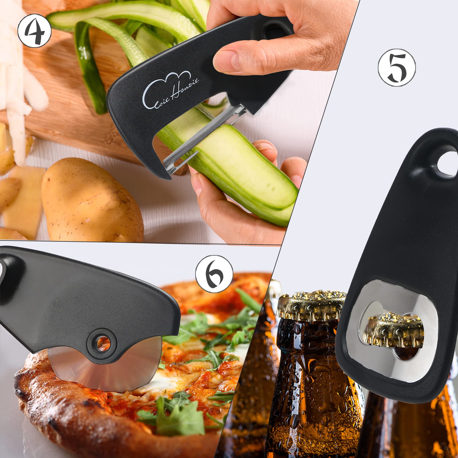 5 Pieces Kitchen Gadgets Set - Space Saving Cooking Tools Accessories Cheese Chocolate Grater, Fruit Vegetable Peeler, Bottle Opener, Pizza Cutter, Burlap Bags with Drawstring Gift Set