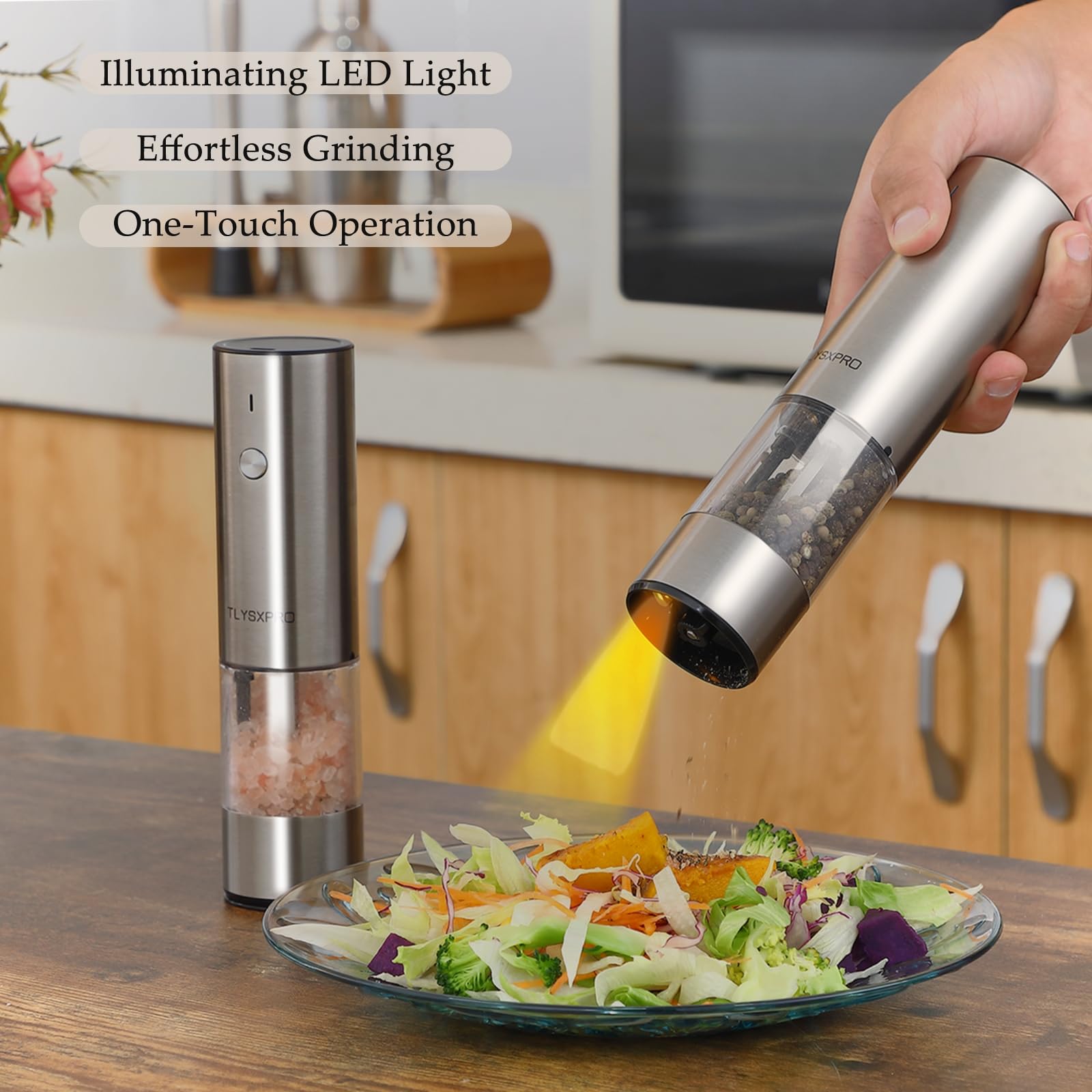 Electric Salt and Pepper Grinder Set, USB Rechargeable, Automatic Salt and Pepper Mill Grinder with Adjustable Coarseness, Electric Salt Shakers, LED Light, Refillable (2 Packs, Black)