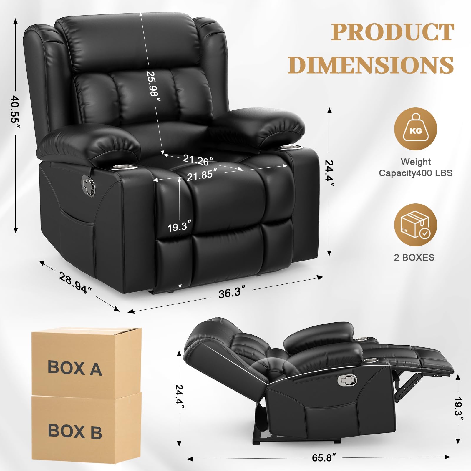 Recliner Chairs for Adults, FSC Certified Massage Reclining Chair with Heated Modern, Ergonomic Lounge Single Reclining Sofa Seat with Cup Holder & Pocket, Living Room Lounge Recliners Black