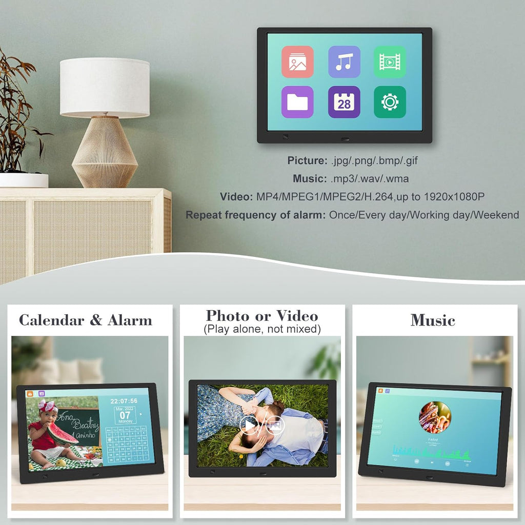 10.1" Digital Picture Frame, 1080P IPS Digital Photo Frame, No WiFi/App Needed, Plug & Play SD Card & USB, Remote & Motion Sensor, Photos/Videos/Music, Free 32GB USB