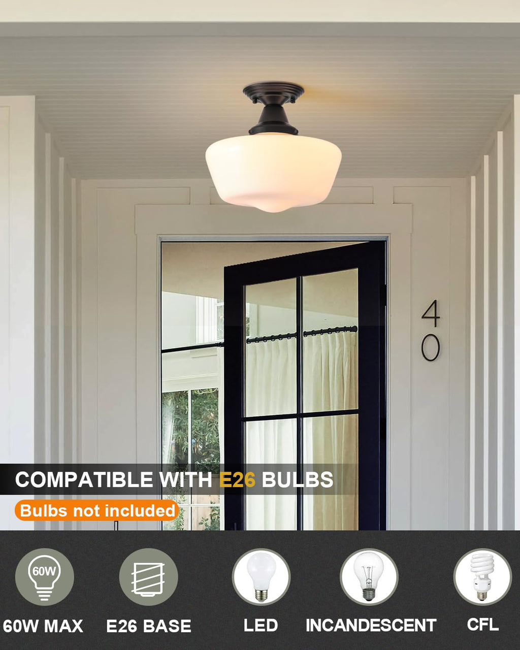 Schoolhouse Light Fixture, 12 Inch Black Finish with Milk Glass Semi Flush Mount Ceiling Light, Ceiling Light Fixture for Kitchen Hallway Entryway (Type C Pendant Light)