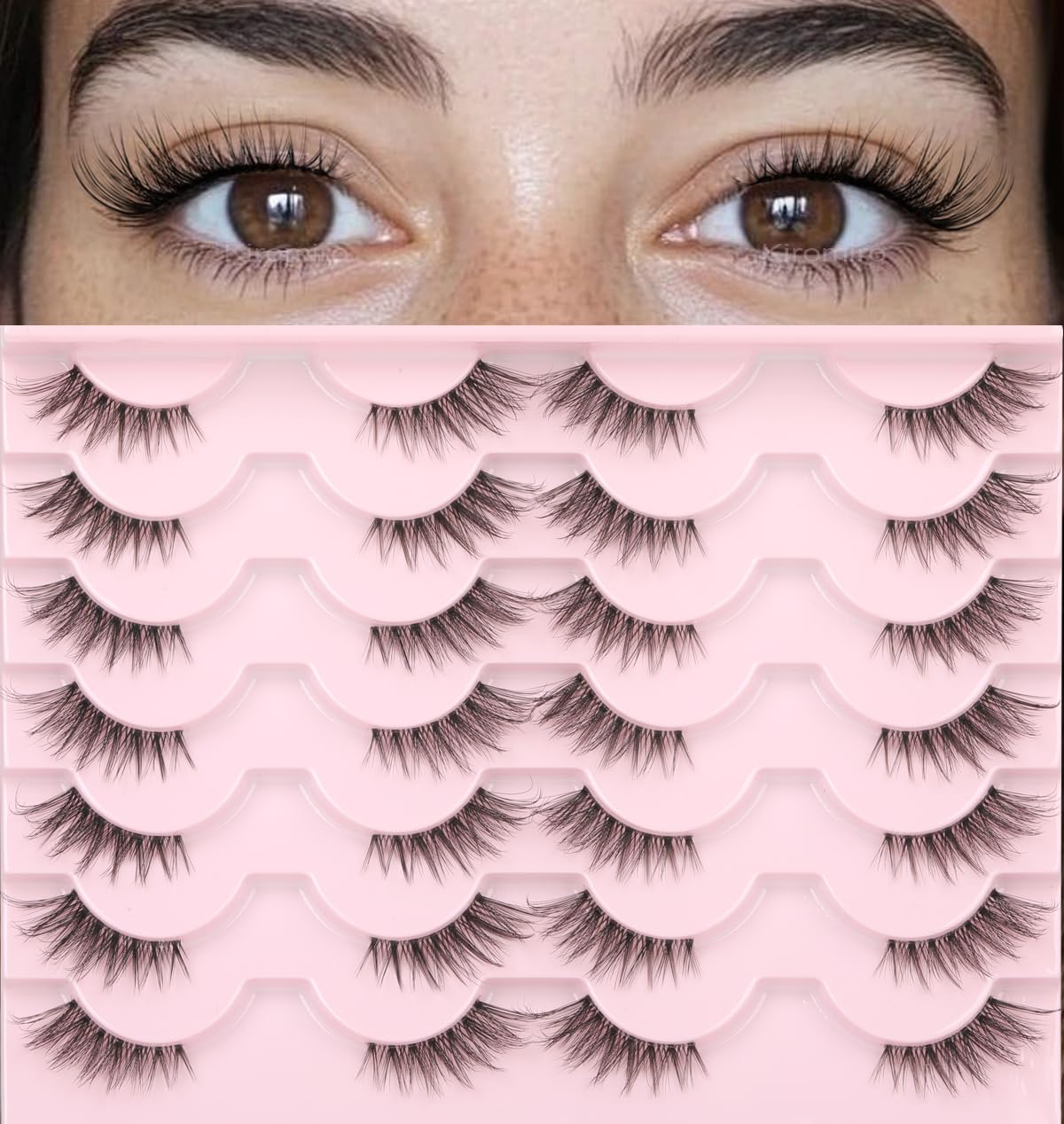 False Lashes Natural Look Wispy Eyelashes Manga Korean Spiky 16mm Short Faux Mink Eyelashes Cat Eye Natural Fake Eyelashes Strip Lashes Pack 14 Pairs