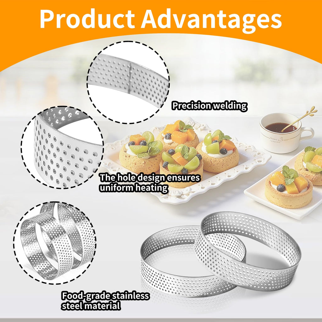 RICHSC-PAN Stainless Steel Perforated Tart Ring Set, 16 Packs Food-Grade, 3.15 Inches and 2.36 Inches, Suitable for All Kinds of Small Fruit Tart Crusts.