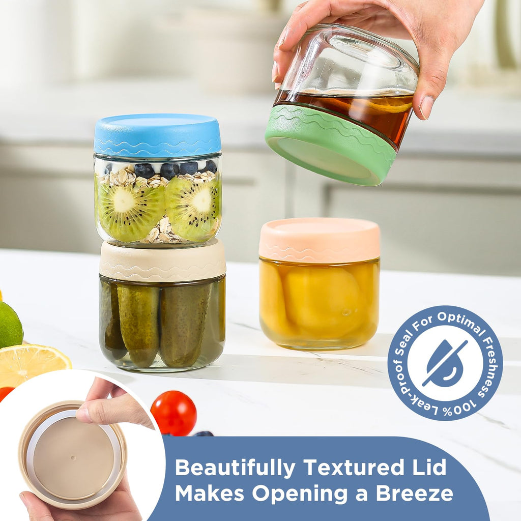 DRKIO 10 Oz Overnight Oats Containers with Lids - 4 Pack Glass Storage Jars with Airtight Lids Wide Mouth Mason Food Jars Great for Meal Prep Salad Chia Pudding Snacks Yogurt Sugar Spice Cereal