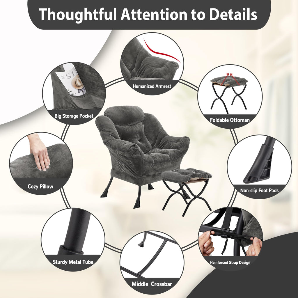 Youtanic Lazy Chair with Folding Ottoman, Accent Chair Velvet Upholstered with Metal Structure and Non-Slip Pads, Sofa Armchair with Footrest and Side Storage Bag for Dorm, Room, Office, Beige