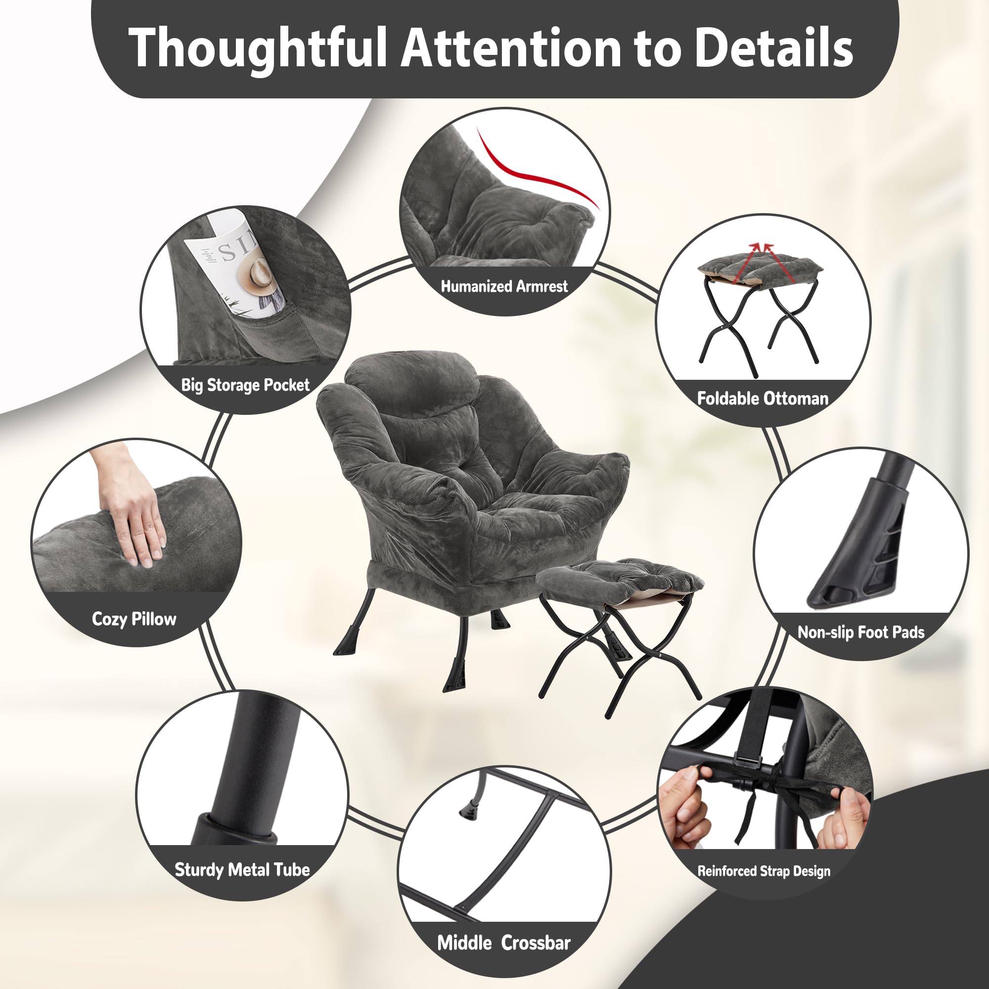 Youtanic Lazy Chair with Folding Ottoman, Accent Chair Velvet Upholstered with Metal Structure and Non-Slip Pads, Sofa Armchair with Footrest and Side Storage Bag for Dorm, Room, Office, Beige