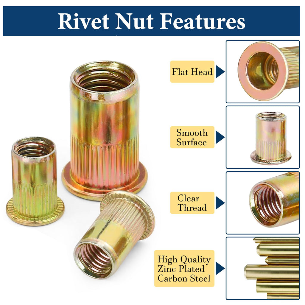 1/2''-13 UNC Rivet Nut, 10Pcs 304 Stainless Steel Flat Head Rivnut Threaded Insert Nutsert
